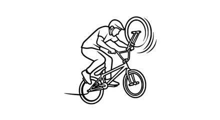 Naklejka premium BMX Rider Performing Trick on Bicycle, Line Art Illustration
