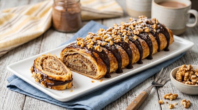 Commercial close-up food photography of a baked gourmet nut roll pastry drizzled with dark chocolate sauce and topped with chopped walnuts &ndash; premium confectionery branding, artisanal bakery menu adver