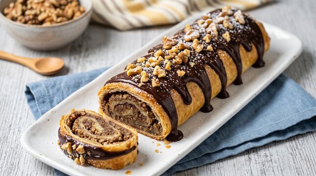 Commercial close-up food photography of a baked gourmet nut roll pastry drizzled with dark chocolate sauce and topped with chopped walnuts &ndash; premium confectionery branding, artisanal bakery menu adver