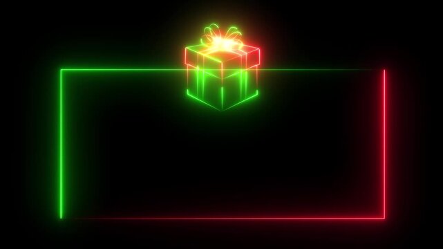 glowing neon gift box frame icon on black background. Neon gift boxes and rectangular frame icon. frame holding gift boxes, perfect for holidays or special 4k video...