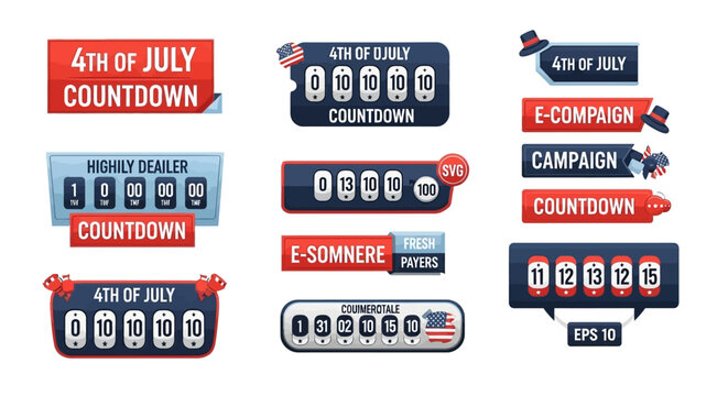 4th of July countdown badges, patriotic social media counters, American flag banners, Independence Day labels