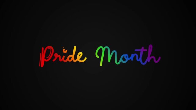 Pride month One line continuous animated typography intro outro animation video, hand drawn calligraphy lettering monoline vintage text  hand drawing rainbow type on black background bg backdrop campa