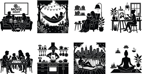 Obraz premium Set of zero waste shopping silhouettes featuring eco friendly store plastic free packaging farmers market and sustainable grocery vectors.eps,
