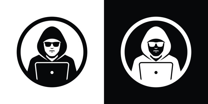 Online hacker avatar icon in circle frame. Silhouette of a man in a hoodie and sunglasses working on a laptop. Cybersecurity, internet privacy, data fraud, and phishing concept art.