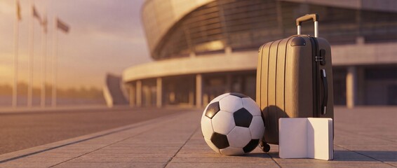 Travel and soccer concept with luggage ball and journal on tiled floor at stadium