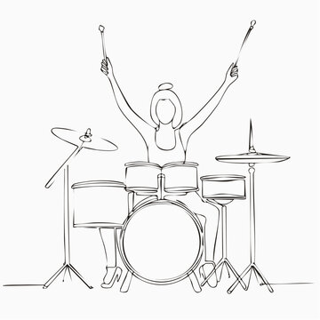 Woman playing drum set with raised hands, concept of joy and music