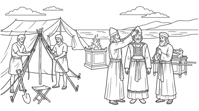 Ancient biblical scene showing priests in a desert camp.