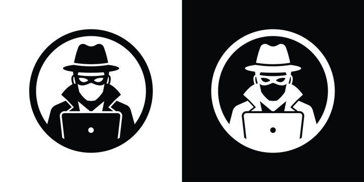 Cybercriminal or hacker portrait in circle frame. Masked thief in a classic fedora hat and trench coat using a laptop computer. Network security breach, phishing, and scam concept vector icon.