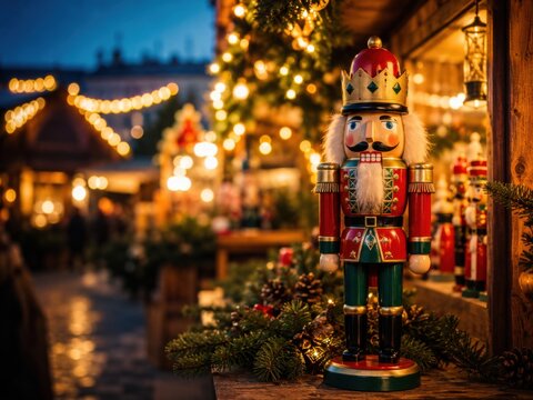 Traditioneller Nussknacker als festliche Weihnachtsdekoration auf einem stimmungsvollen deutschen Weihnachtsmarkt. Warme Lichter, Holzbuden und klassische Adventsatmosph&auml;re in der Winterzeit.