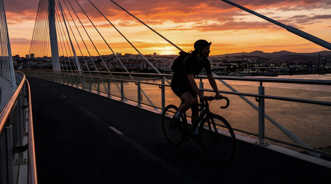 Golden Hour Bridge Cycling / Silhouette of Cyclist at Sunset