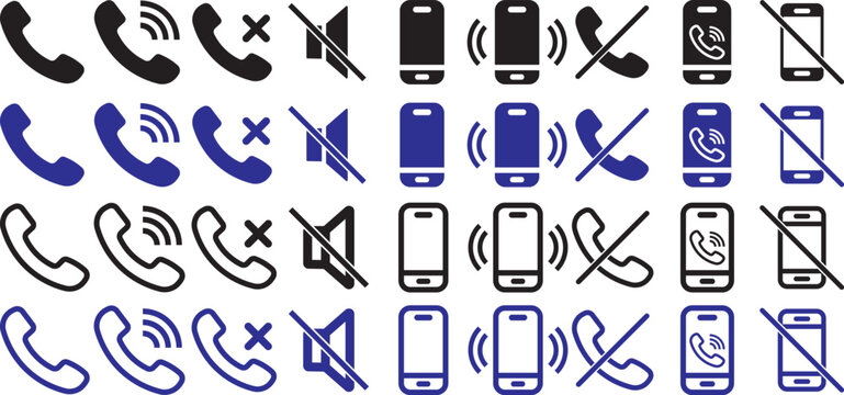 phone call and mobile communication line icons set, telephone incoming outgoing missed call voice mail mute silent ring smartphone message chat and contact vector outline icon. Phone icons collection