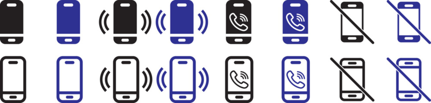 phone call and mobile communication line icons set, telephone incoming outgoing missed call voice mail mute silent ring smartphone message chat and contact vector outline icon. Phone icons collection