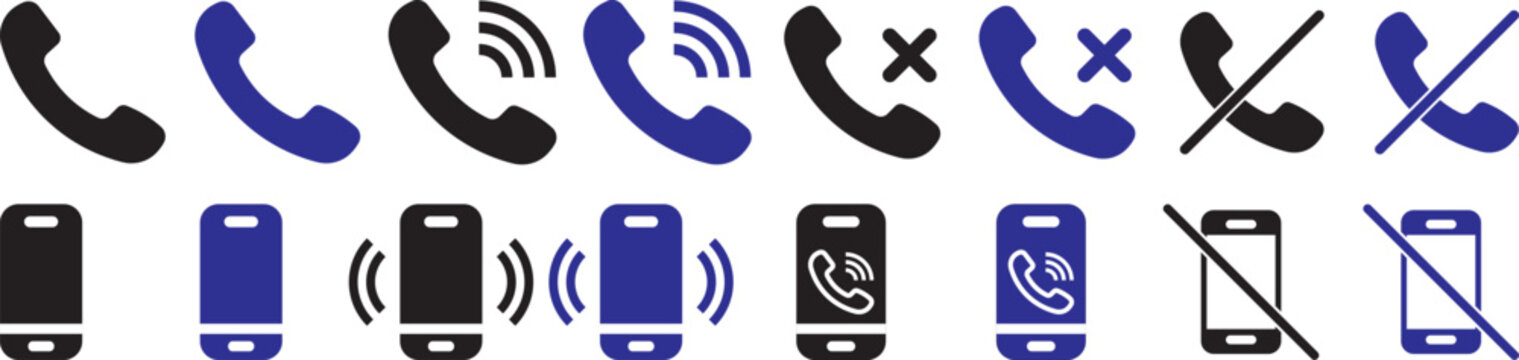 phone call and mobile communication line icons set, telephone incoming outgoing missed call voice mail mute silent ring smartphone message chat and contact vector outline icon. Phone icons collection