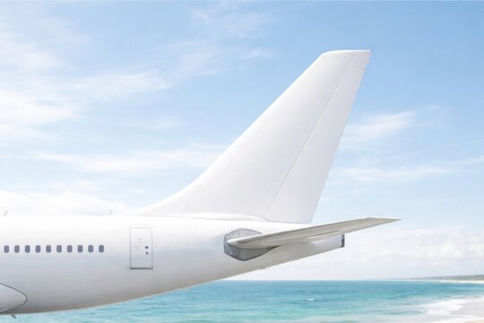 Airplane tail above ocean sky.