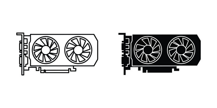 Computer graphic card outline and silhouette on white background for technology concept