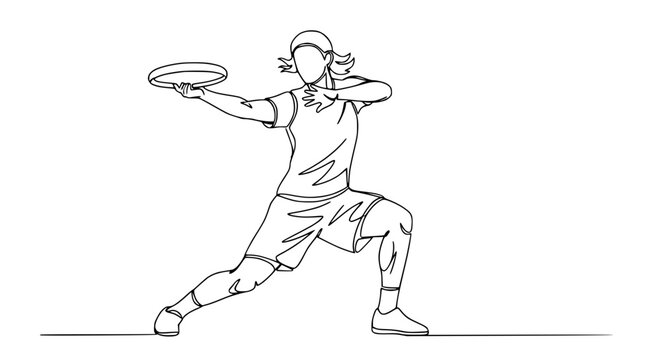 Continuous line drawing of a woman throwing a frisbee in a dynamic pose on a white background.