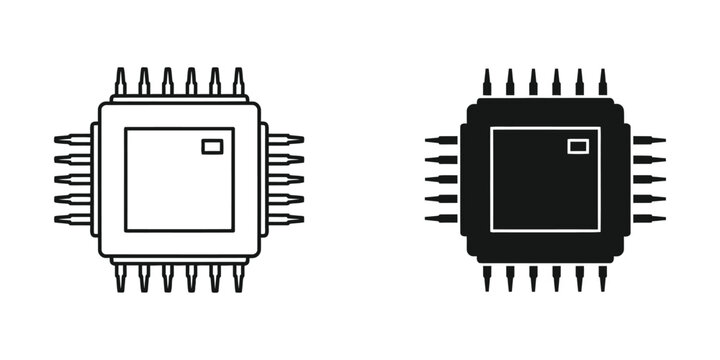 Computer processor chip in outline and solid black on white background for technology concept