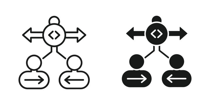 Diagram of communication flow between people and a central node with coding symbol