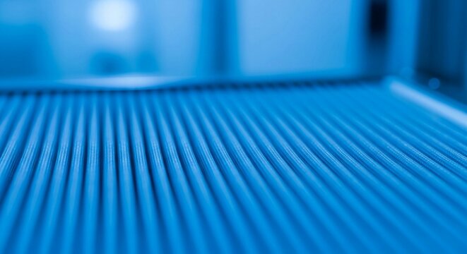 Detailed Macro View of Blue Industrial Material with Parallel Lines and Rippled Texture