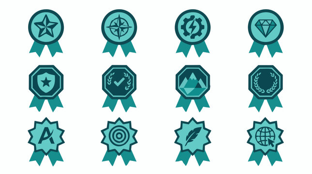 Set of 12 Teal Achievement and Award Badges with Various Symbols