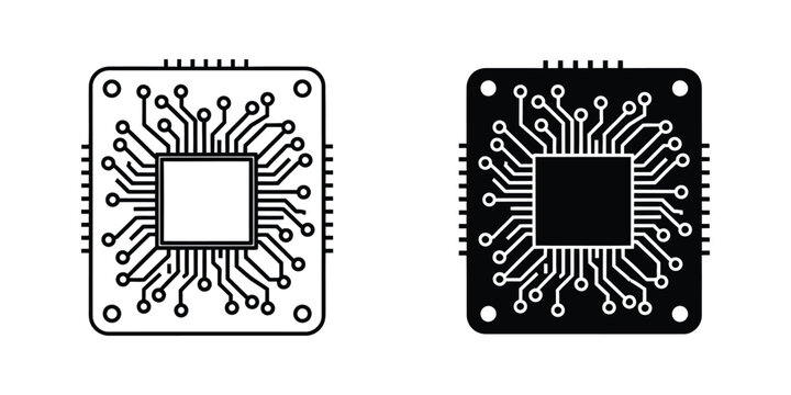Integrated circuit chip outline and solid fill on white background for technology concepts