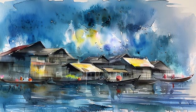Ethereal Blue Harbor: A Tranquil Watercolor Riverside Scene