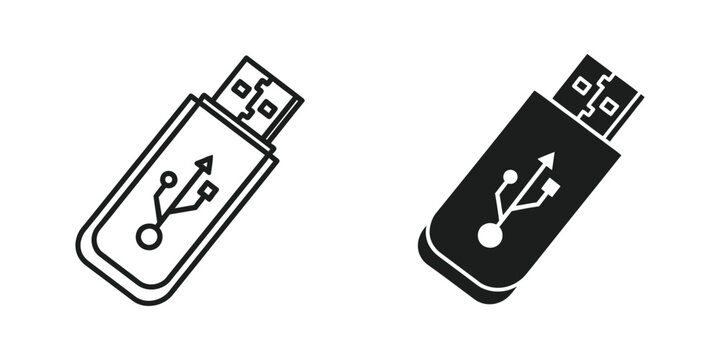 USB flash drive icon in outline and solid black on white background for digital data storage concept