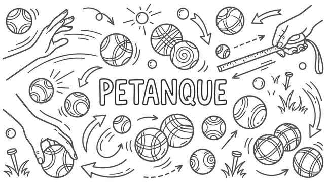 Collection of hand drawn petanque game elements sketches.