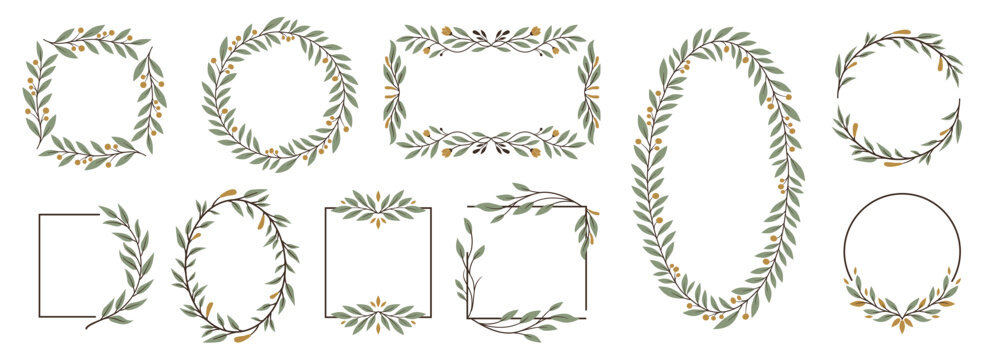 Set of green leafy botanical frames. Decorative green frames display leafy designs with gold berries. Vector illustration