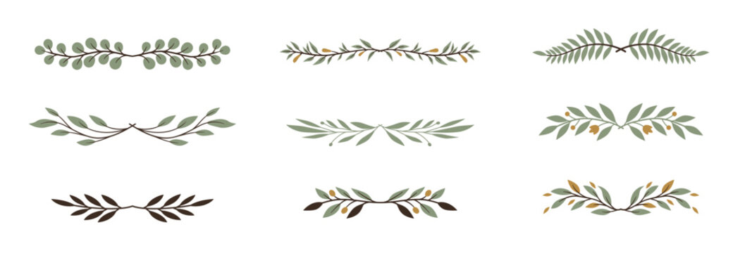 Set of green leafy dividers and borders. Graceful branches with small berries. Vector illustration