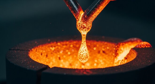 Molten metal dripping from industrial tools into a glowing furnace, showcasing intense heat and liquid flow for manufacturing processes.