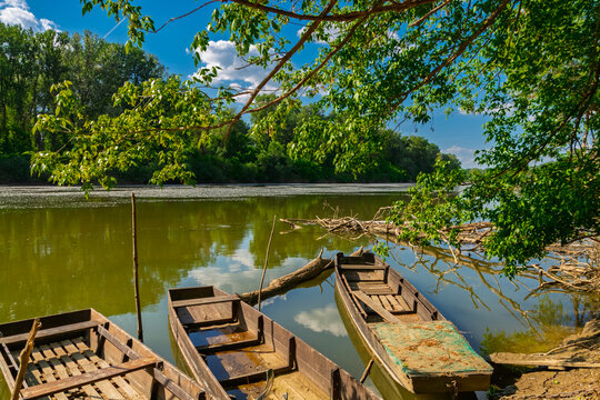 Boats on the beach of the Tisza river near Martely