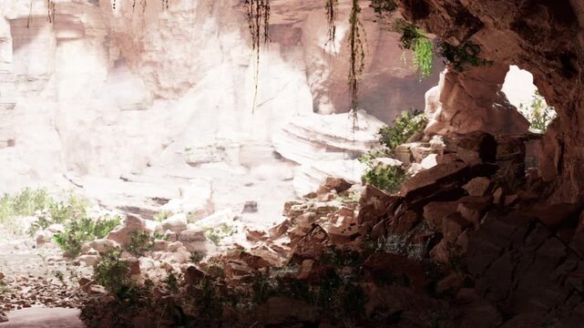 The scene shows a rocky canyon with large stone walls. Sunlight shines down, creating highlights on the rocks. Green plants grow among the stones, adding life to the area.