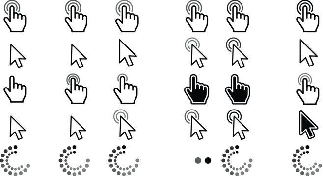 Computer mouse cursor and hand click icon set with loading buffering spinners web interface design elements