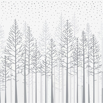 Seamless winter forest illustration with elegant bare trees and gently falling snow, a serene natural pattern for festive and seasonal designs