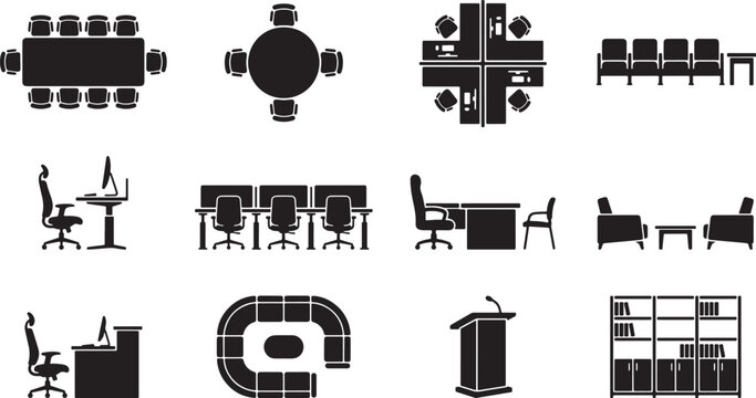 Office furniture icons set featuring desks chairs tables and storage units in a flat black vector style