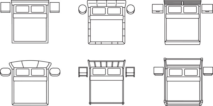 Set of double bed top view floor plan symbols with nightstands for interior design architectural blueprints