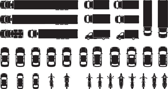 Set of vehicle silhouettes including trucks cars and motorcycles in top and side view vector illustration