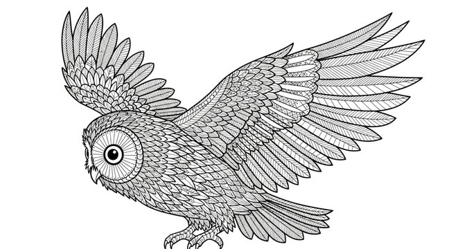 Ornate flying owl illustration in black and white style.