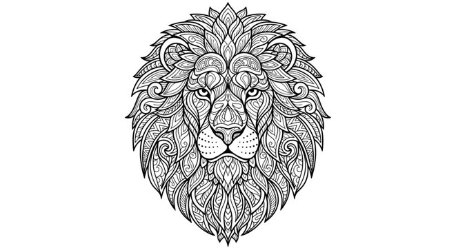 Ornate lion head with zentangle mane coloring page.