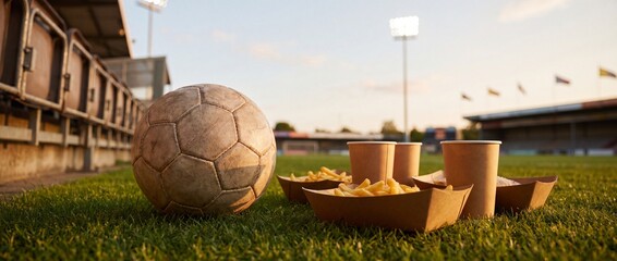 Soccer ball on green grass with cardboard food tray and paper cups in warm sunset lighting for sports event