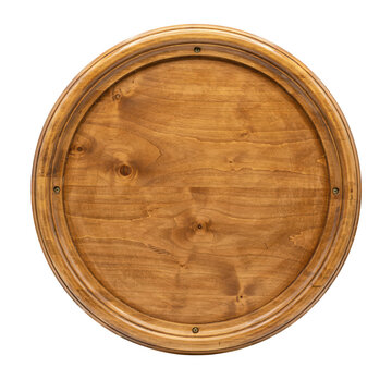 A circular wooden serving tray or wall plaque with a smooth polished surface and visible wood grain, isolated on a solid black background view