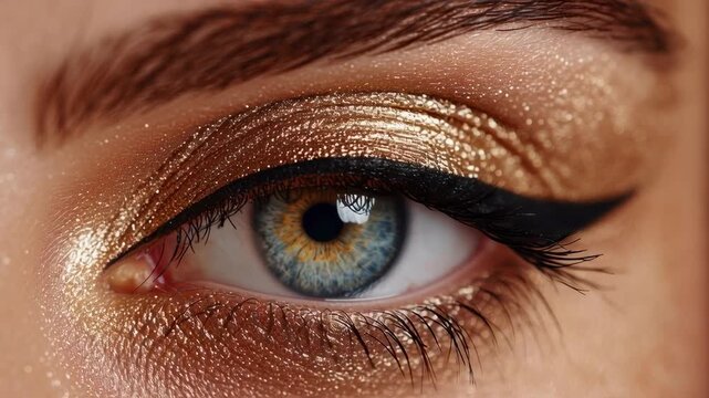 Makeup process shows steps to create golden eye look with winged eyeliner and shimmer shadows