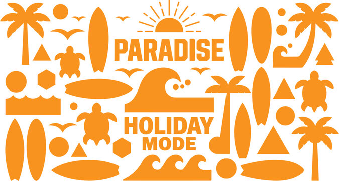 Tropical elements and wave pattern in a flat orange vector illustration with white background