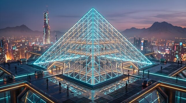 Futuristic glowing glass pyramid on a cyberpunk city rooftop at twilight AI generated