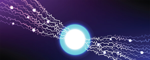Abstract sci-fi background featuring a glowing energy orb emitting purple lightning bolts and electrical plasma sparks on a dark background. © Sofyanmardianto.233