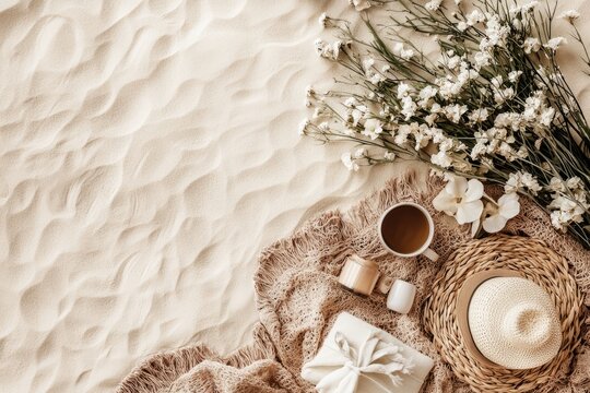 A cozy beach setup featuring a warm cup of coffee and fresh flowers elegantly arranged on soft sand, creating a peaceful retreat for enjoying nature and relaxation by the shoreline.