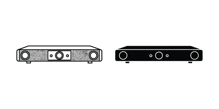 Two audio amplifiers one detailed line art and one solid silhouette on a white background for technology concepts
