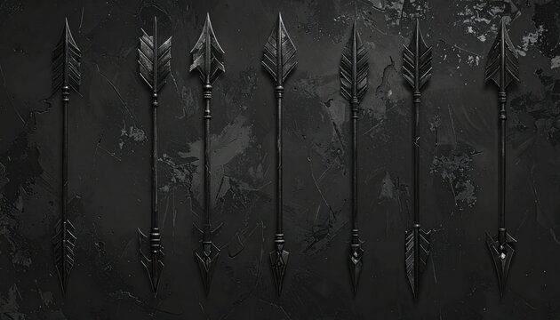 Monochrome spears lined up in a row on a dark background.
