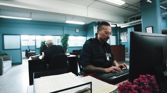 The American Justice System Crime and Punishment Cop doing paperwork in police station